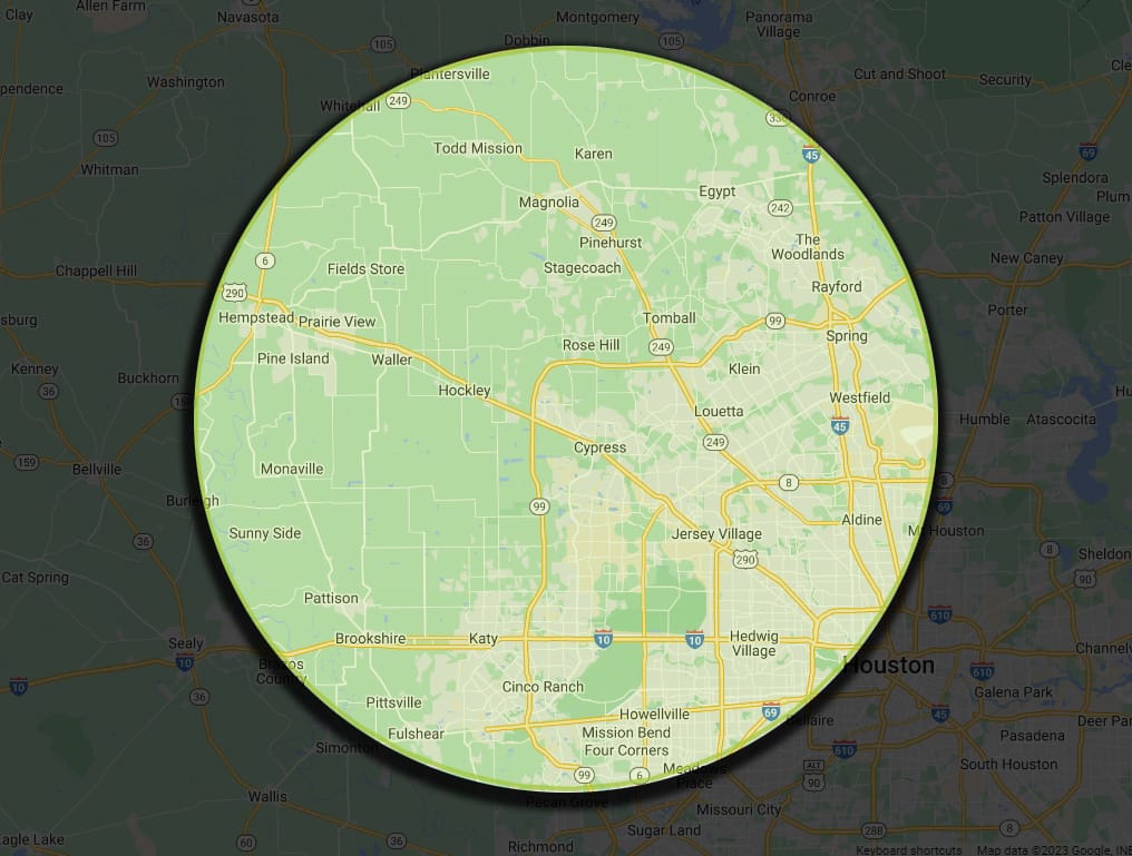 Map highlighting areas around Houston, Texas.